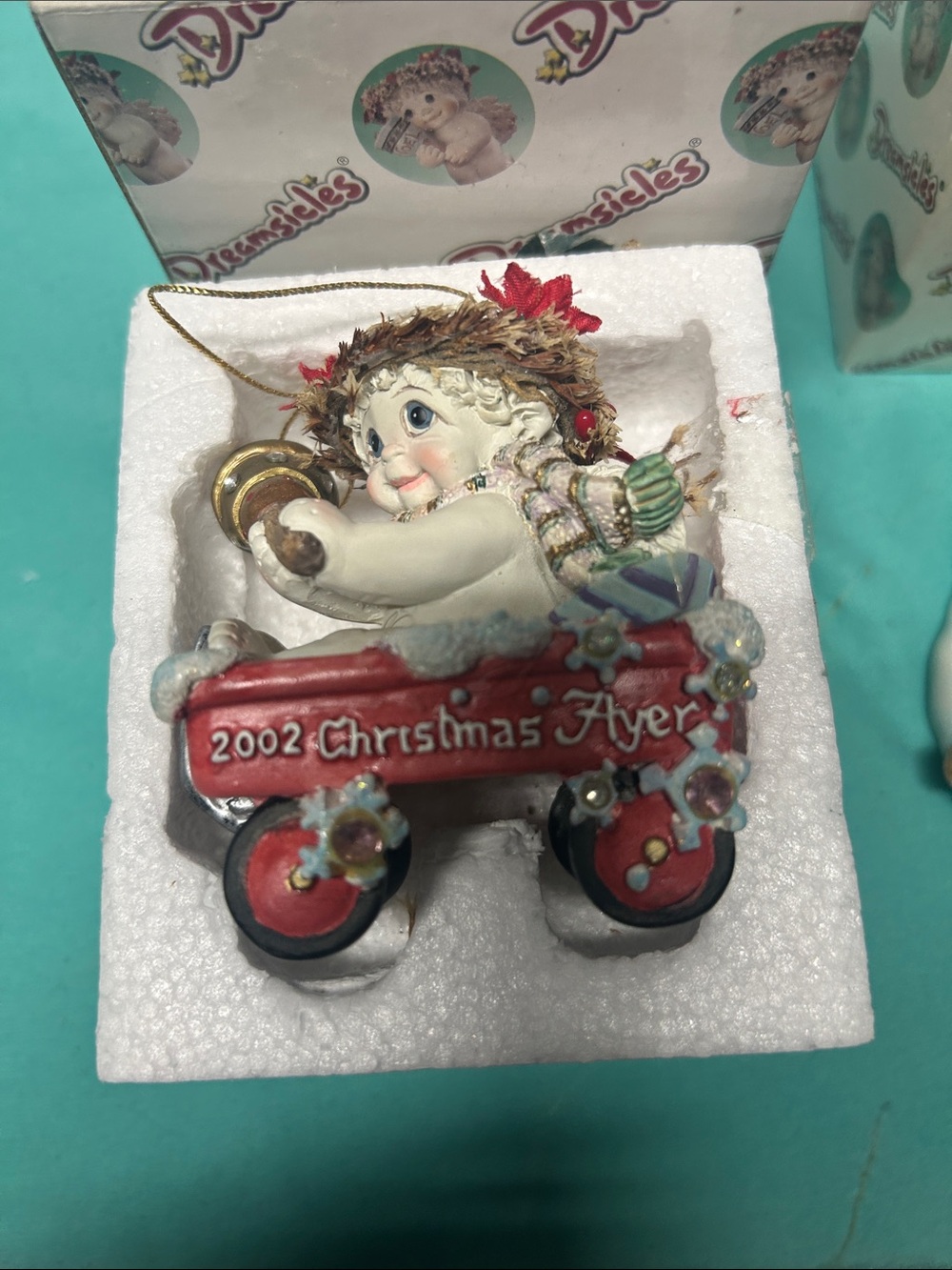 Dreamsicles 2002 Christmas Ayer Red Wagon Ornament - Cute Snow Child in Red